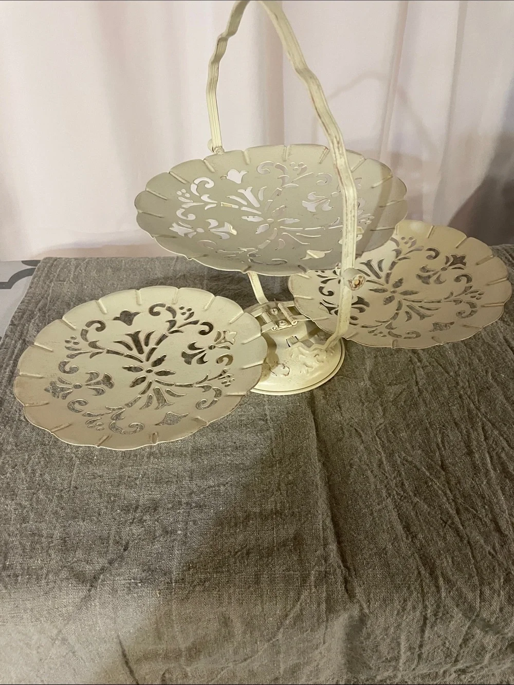 Vintage Three-Tier Cream Folding Metal Serving Stand - Decorative Server